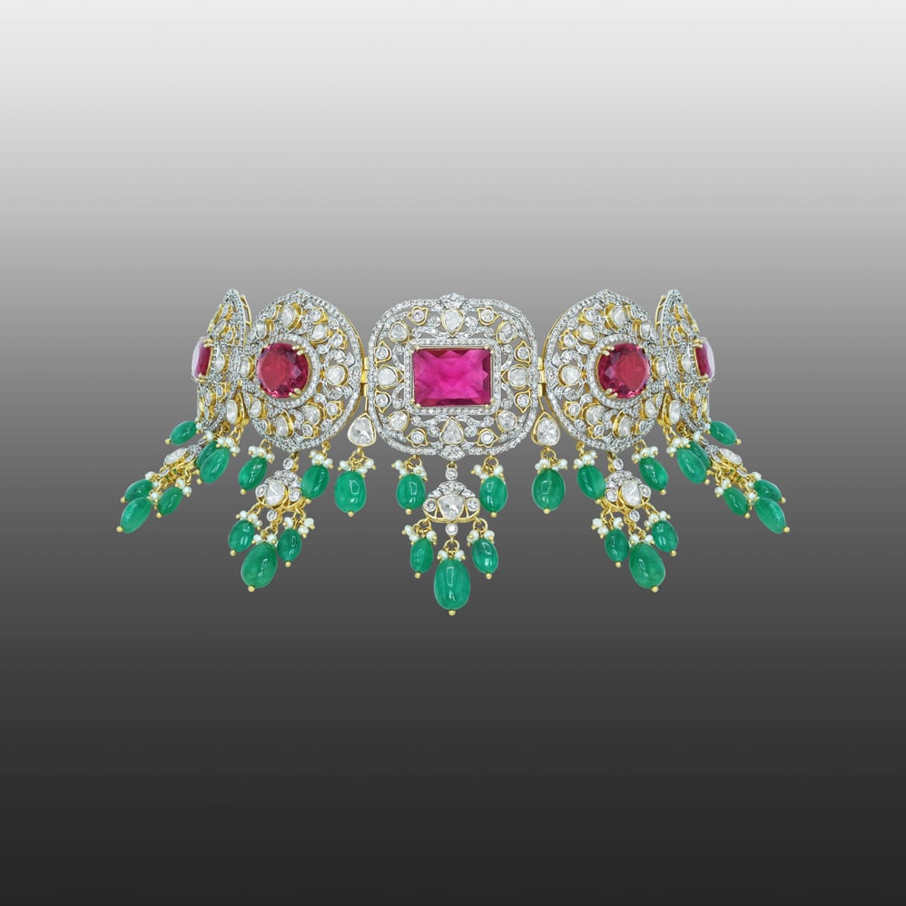 Tourmaline Choker with Polki Diamonds, Emerald Drops, and Pearls